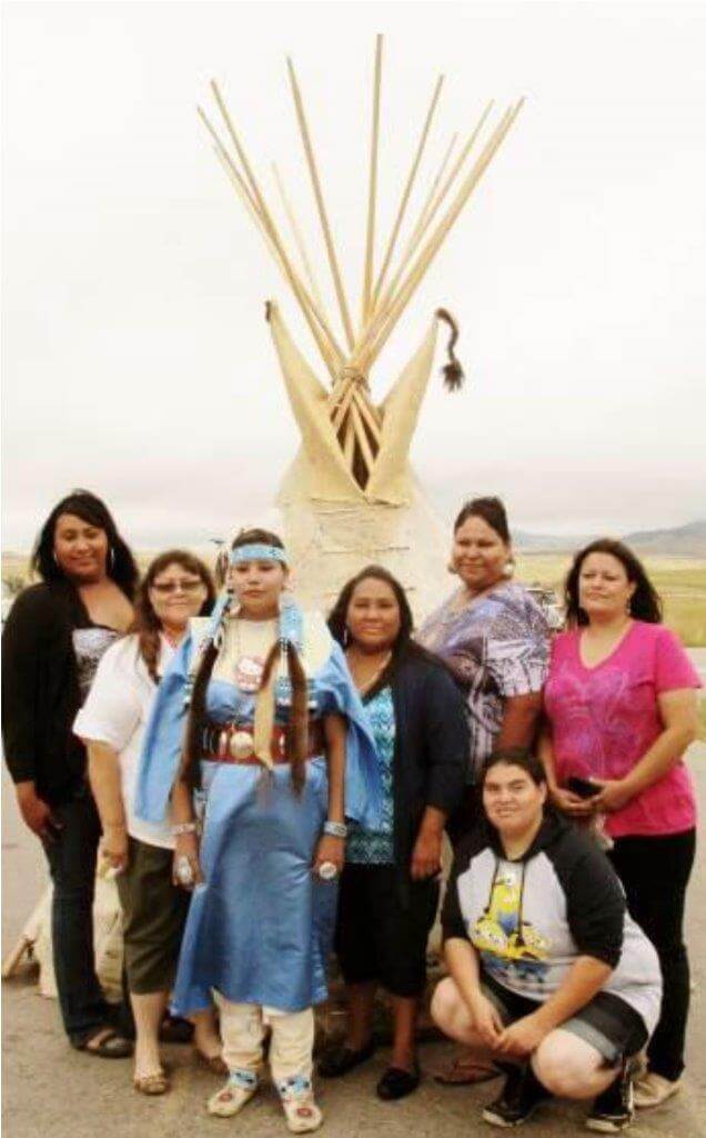 These women came to the Vore Jump from Lame Deer, Montana, to make a tipi on site, in the old ways they had learned. From left: Tee Jay Littlewolf, Lori Killsontop, Larie Clown, Rebekah Threefingers, Maria Russell, Jodi Waters; kneeling is Victoria Haugen.